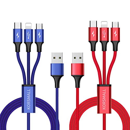 Multi Charging Cable,2 Pack 3 in 1 Multiple USB Cable Charger Adapter Connector Charging Cord Type C/Micro USB Ports Phone X 8 7 Plus,Nexus 6P/5X,OnePlus3,LG G5 More(5FT，Red & Blue)