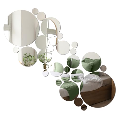 DIBALIYI 32 Pcs Acrylic Mirror Wall Stickers, Removable Wall Decal Mirror Set, Bathroom Wall Sticker Art, Circle Ceiling Mirrors for Bedroom, Home, Living Room, Sofa TV Background Decor (Medium)
