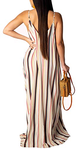 Womens Casual Stripe Spaghetti Strap Loose Plus Size Beach Sundress Long Maxi Summer Dresses With Pockets #TOP1