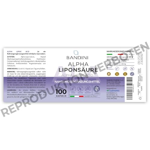 Bandini® ALA Alpha Liponsäure | Hochdosiert Alpha Lipoic Acid | Alpha Liponsäure zur Unterstützung von Kreislauf, Leber & Nervensystem - Antioxidans | 100 Kapseln | Vegan, Laborgeprüft, GVO-frei