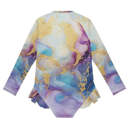 Girls One Piece Swimsuits Long Sleeve Swimsuit Zipper Bathing Suits Purple Marble Gold Fluid Blue2