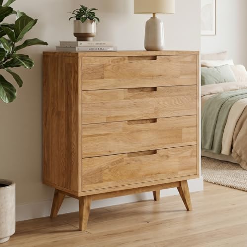 skølm Floki Kommode Massivholz aus Eiche 80x40x90 cm – Kommodenschrank mit 4 Schubladen & Fußrahmen – hochwertiges Sideboard Wohnzimmer Natur geölt - Holz Kommode stabil Schlafzimmer/Esszimmer/Flur