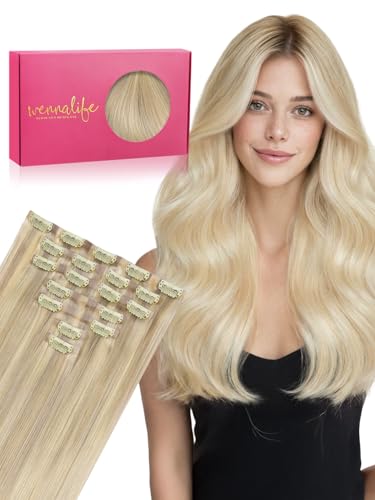 Image of WENNALIFE Seamless Clip In Hair Extensions, 18 Inch 7pcs 130g Ombre Ash Blonde to Golden Blonde Balayage Platinum Blonde Hair Extensions Clip In Invisible PU Weft Real Human Hair Extensions Clip In