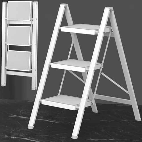 DIAMONDFORGE 3 Step Ladder, Folding Step Stool with Anti-Slip Wide Pedal, Anti-Slip Feet, Sturdiest Steel Construction, 600lbs Capacity Steel Ladder for Home and Office, White
