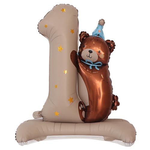Bear Balloon 1st Birthday Decorations, Teddy Bear Foil Number Balloon for Beary Themed First Birthday Party Decor Supplies 1 Year Old Brown 38.1*29.5inch