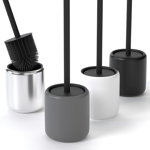 SAVEGA – Scopino WC Silicone Grigio con Porta in Acciaio e Coperchio – Spazzola WC Igienica per Bagno