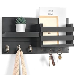 Mail Organizer for Wall Mount – Key Holder with Shelf Includes Letter Holder and Hooks for Coats, Dog Leashes – Rustic Wood with Flush Mounting Hardware (16.5” x 8.7” x 3.5”)
