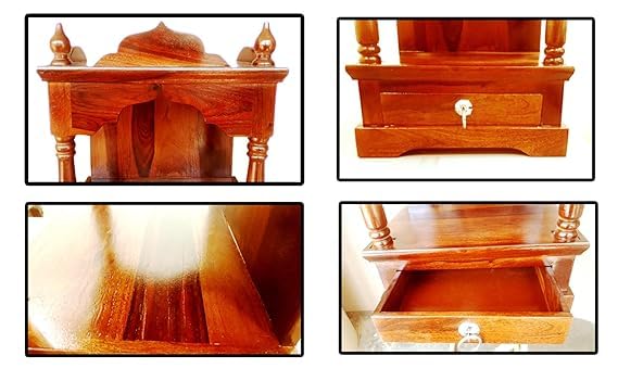 Image of Sheesham Wood Temple with with 1 Drawer Storage for Puja Ghar Wooden Mandir for Home (Natural Finish)