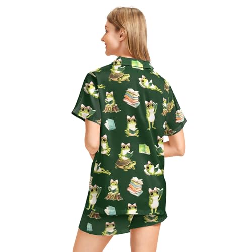 Image of Funny Pajamas for Women Set Print Satin Loungewear Pjs Short Sleeve Button Down Top and Shorts Sets Sleepwear XS-3XL