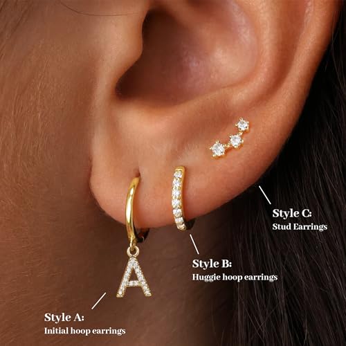 Gold Earrings for Women Girls - 3 Pairs Gold Huggie Hoop Earrings for Girls with Initial Dangle Cartilage Earrings Studs Hypoallergenic Earring Set for Multiple Piercing Gifts for Women Girl2
