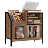 STHYTON Record Player Stand, Modern Record Player Cabinet with Large Storage & Glass Doors, Adjustable Shelf, Vinyl Record Storage Holds up to 300 Albums for Living Room, Walnut and Black
