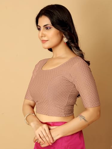Image of Amazon Brand - Anarva Round Neck Dobby Cotton Lycra Stretchable Elbow Half Sleeve Readymade Saree Blouse for Women Stylish