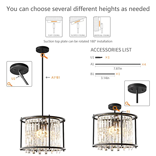 Image of LMQNINE Modern Foyer Chandelier, Black Crystal Chandelier Entryway Pendant Light Fixture, Round Adjustable Height Chandeliers for Kitchen Island, L15.74'' x H10.43''
