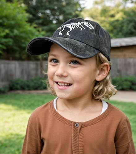 Boys' Skull Dinosaur Hat, Embroidered Dino Washed Adjustable Baseball Cap for Kids Age 3-114