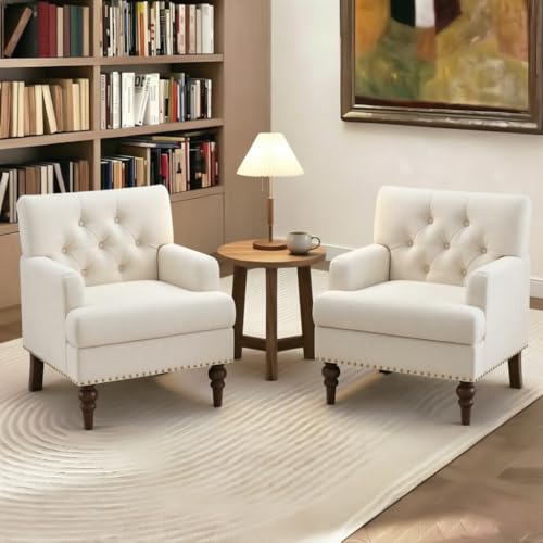 Image of MALOL Upholstered Accent Chairs Set of 2, Mid Century Modern Living Room Bedroom Reading Chair with Thick Cushion & Solid Rubberwood Legs, Comfy Armchair for Small Spaces, Beige