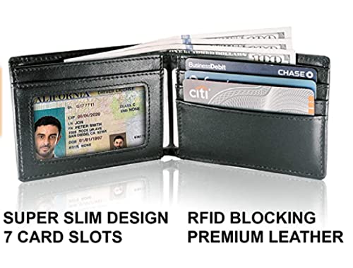 Image of Contacts Men's Genuine Leather Wallet | RFID Blocking Bifold Wallet for Men | Up to 8 Card Slots Including 1 ID Window (Black)