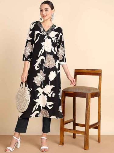 Image of Maaesa Women Casual Floral Printed Rayon Straight Kurta | V-Neck | 3 /4 Sleeves | Lightweight & Breathable Fabric