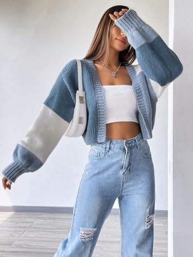 Image of SISKIN Fall Cropped Cardigan Sweaters for Women Lightweight,Color Block Oversized Cardigan Sweater