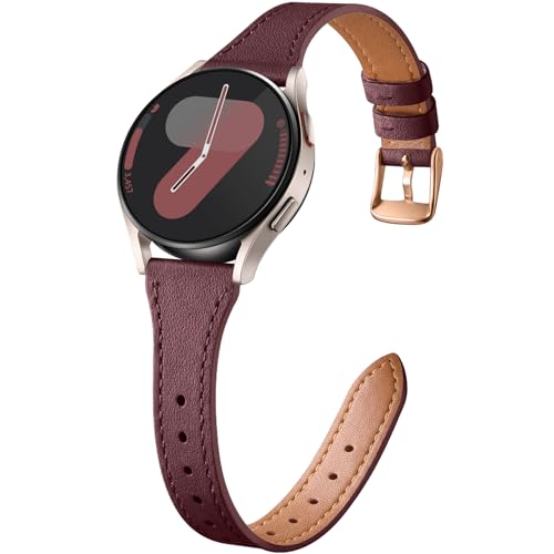 Easuny Schlankes Leder Armband Kompatibel mit Samsung Galaxy Watch 7 Armband - Galaxy 6 5 4 40mm 44m, Echtes Leder Armbänder für Samsung Watch 6 Classic 47mm 43mm, 4 Classic 42mm 46mm, Weinrot