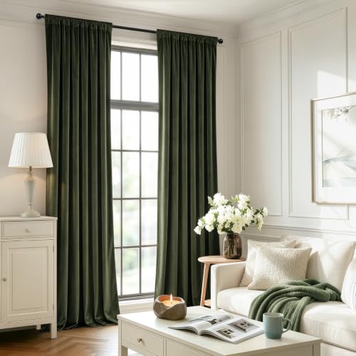 Image of MIULEE Olive Green Blackout Velvet Curtains Drapes 96 Inch Long 52 inchx96 inch | Luxurious Bedroom Living Room Decor, Room Darkening, Thermal Insulated, Rod Pocket Design, Super Soft Fabric