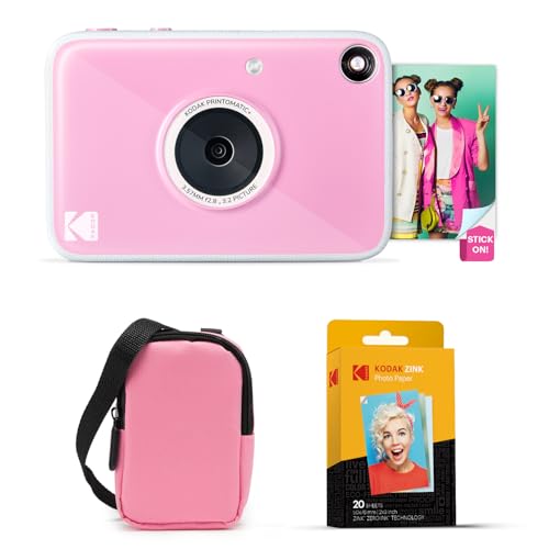 Image of Kodak Printomatic+ Instant Print Digital Camera Starter Bundle + Carrying Case (Pink) + Zink 20pk Sticky-Back Photo Paper - 10MP, Full-Color Photos, GB LED Status Indicator - Pink