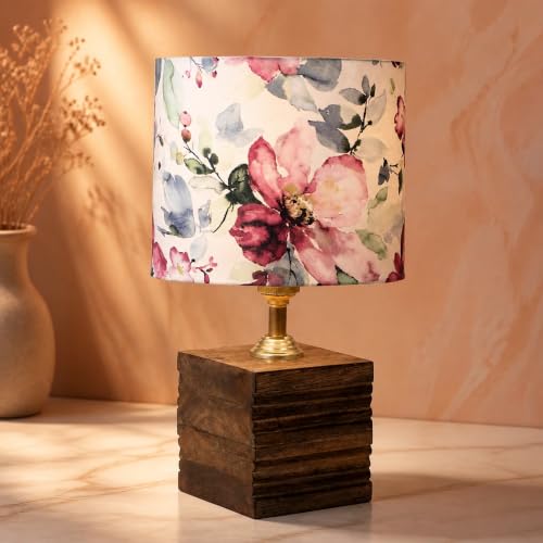 Image of tu casa Wooden Table Lamp Printed Satin Shade for Bedroom, Living Room