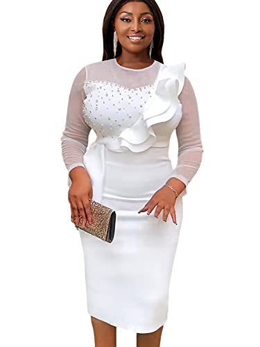Image of ONTINVA Women's Mesh Crewneck Patchwork Bead Long Sleeve Irregular Peplum Knee Length Dress