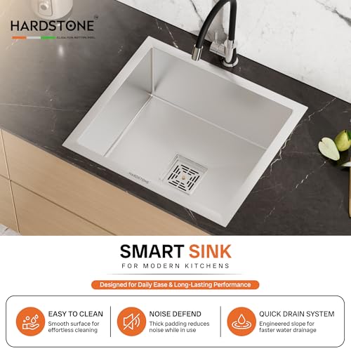 Image of HARDSTONE Premium Stainless Steel Single Bowl Kitchen Sink | Handmade Grade Matt Finish | Heavy Duty 1mm Thickness with Drainer Kit & Vegetable Basket | 21x18x9 Inch Silver Sink for Modern Homes