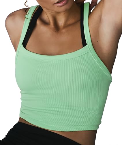 Image of Tank Tops for Women Scoop Neck Crop Tops Athletic Workout Tops Cute Seamless Cami Ribbed Tank Top