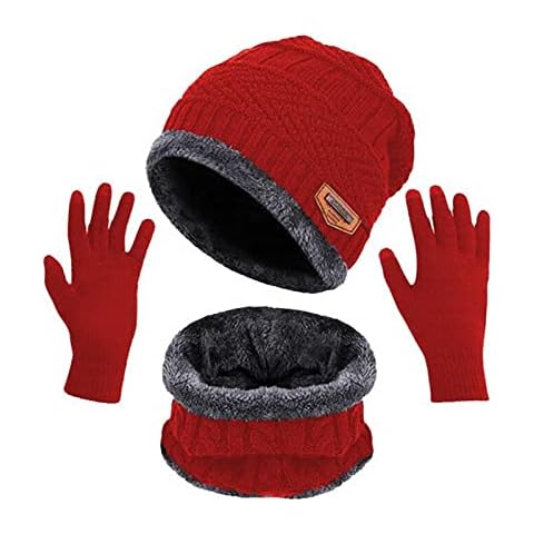 4PCS Women Men Winter Hat Warm Scarf Touchscreen Gloves Set Neck Thick Knit Hat Set Red Cover