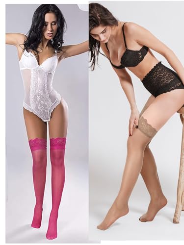 Image of Geyoga Women's Lace Thigh High Stockings over The Knee Stockings for Women Sheer Thigh High with Lace Top