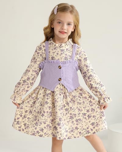 Image of Toddler Girl Dress Fall Winter Clothes 2 Piece Outfit Long Sleeve Crew Neck Toddler Dress for Girls