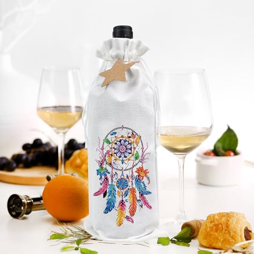 Image of DIY 5D Diamond Painting Wine Bottle Gift Bag, Rhinestone Diamond Art Wrapping Pouch, Handmade Linen Wine Holder with Dream Catcher Design, Party Supplies for Christmas Wedding Birthday
