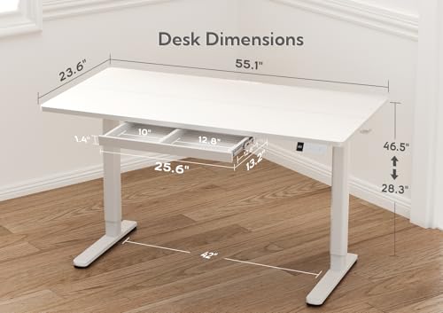 Image of Claiks Electric Standing Desk with Drawers, 55x24 Inch White