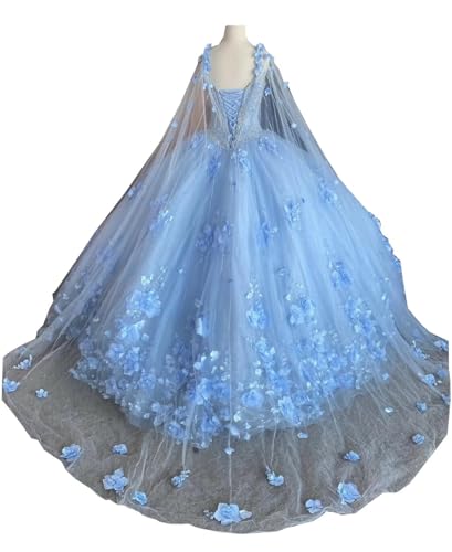 2025 V Neck 3D Floral Flowers Glitter Tulle Charro Quinceanera Prom Dresses with Cape Ball Gown2
