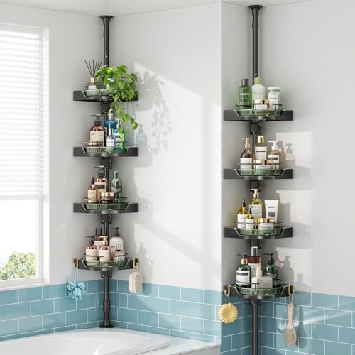 Image of AKINBAS 360 Rotating Shower Caddy Tension Pole with 4-Tier Rustproof Lazy Susan 35-128 Inch No Drilling Coner Shelves Adjustable Shower Rack for Bathroom Bathtub Washbasin Plant Storage (Black+Green)