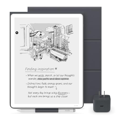 Image of Amazon Kindle Scribe Essentials Bundle - Amazon Kindle Scribe (32GB) , Premium Pen, Plant-Based Leather Folio Cover-Graphite & Power Adapter