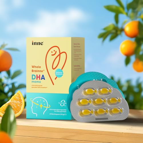 inne Whole Brainne DHA memo - ab 3 Jahren - pflanzliches DHA aus Algen - Omega 3 Kinder - Nahrungsergänzungsmittel zur Unterstützung der Hirnfunktion - Orangengeschmack (40 Weichkapseln)
