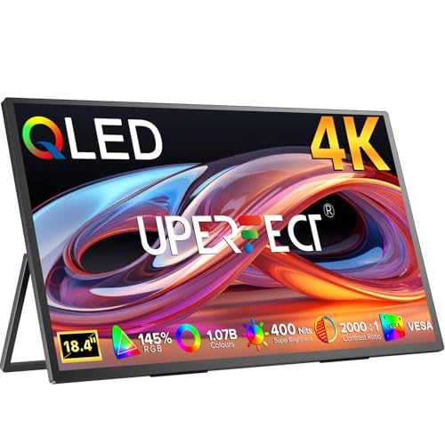UPERFECT Portable Monitor 4K 18.4 QLED 145% sRGB 400 Nits Laptop Monitor 3840 * 2160 UHD 1.07B Colours USB-C & HDMI VESA Ultra-Slim Travel Screen for Computer Mini PC Game Consoles