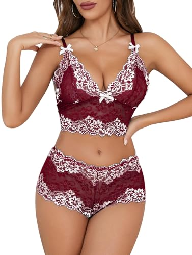 Image of Lilosy Sexy Lingerie for Women Lace Pajamas Set Cami Bra and Panty High Waist Sheer Sleepwear 2 Piece 2XS-6XL