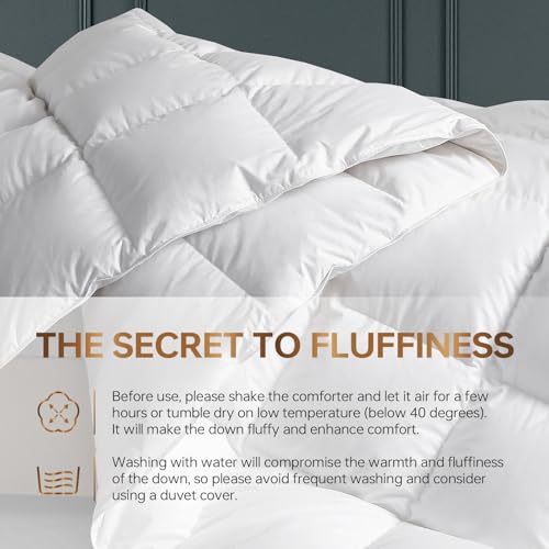 C&W White Goose Down Comforter Queen Size, Fluffy Noiseless Duvet Insert, 100% Cotton Shell, 750+ Fill Power, 50oz Fill Weight, Winter Warm, Machine Washable, 3D Baffle Box, Breathable (90\"x90\")