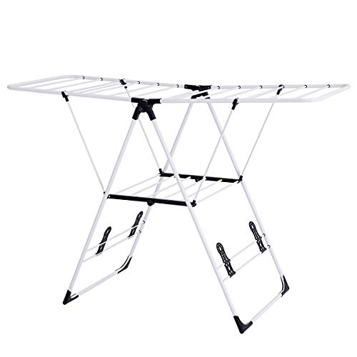 CASART Folding Drying Rack, 2-Level Clothes Airer with Height Adjustable Wing, Freestanding Steel Drying Rack for Clothes Socks Towels Shoes Quilts, No Assembly (with 18 Hanging Rails & Shoe Holder) - Image 9
