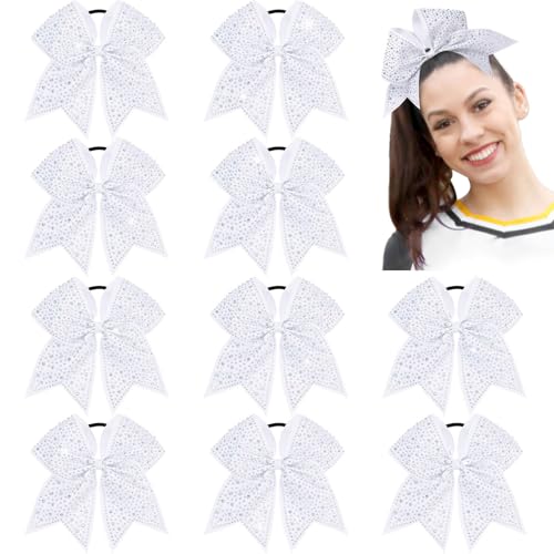 CN 10PCS Rhinestones Cheer Bows for Cheerleaders White Glitter Hair Bows for Girls Large Elastic Ponytail Holder Hair Accessories for Women Teens for Softball Competition School Spirit