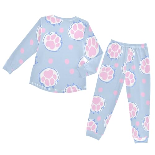 Pajama Set Long Sleeve for Boys & Girls,Cute Cat Paw Pink Kid's Soft Sleepwear Crewneck Loungewear 2 Piece PJ Underwear Set 5T2