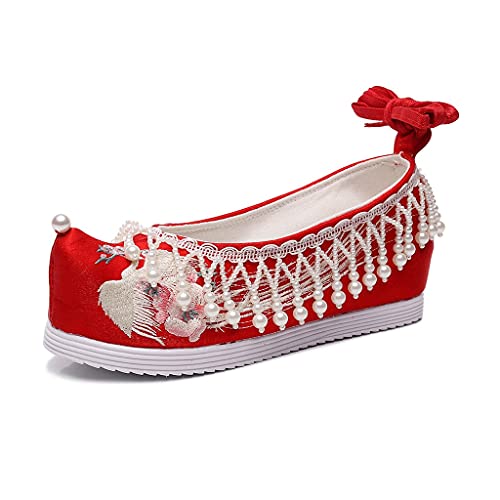 Women Cotton Fabric Embroidered Flat Platforms with Pearls Pendants Vintage Chinese Style Red Wedding Bridal Shoes (Color : Red, Size : 9 Code) (Red 6 Code)