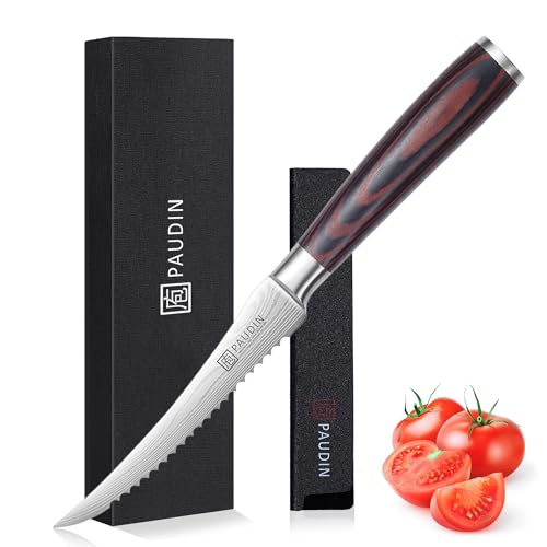 PAUDIN Tomatenmesser 13 CM, Professionelles Küchenmesser für Tomaten, Messer für weiches Obst und Gemüse, Anti-Haft frühstücksmesser,...
