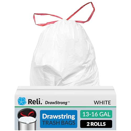 Reli. Drawstring Trash Garbage Bags, Tall Kitchen, 250 Count Bulk, White, 13 Gallon – 16 Gallon Capacity