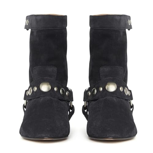 miss left Women Almond Toe Studded Grommet Mid-Calf Boots Slip on Comfy Flat Booties Fall Winter Retro Casual Walking Short Boots Size 4-16 US4