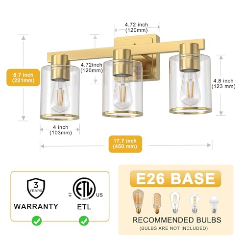 Image of L LOHAS LED Gold Bathroom Vanity Light Over Mirror, 3 Lights Bathroom Light Fixture with Clear Glass Shade, Modern Vanity Light for Living Room Hallway Cabinet Bedroom