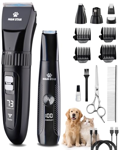 M&M STAR Dog Grooming Kit, Quiet Dog Clippers for Grooming Heavy Thick Coats, Cordless Pet Hair Trimmer & Shaver with Paw Trimmer, Low Noise Rechargeable Clippers for Small Large Dogs Cats